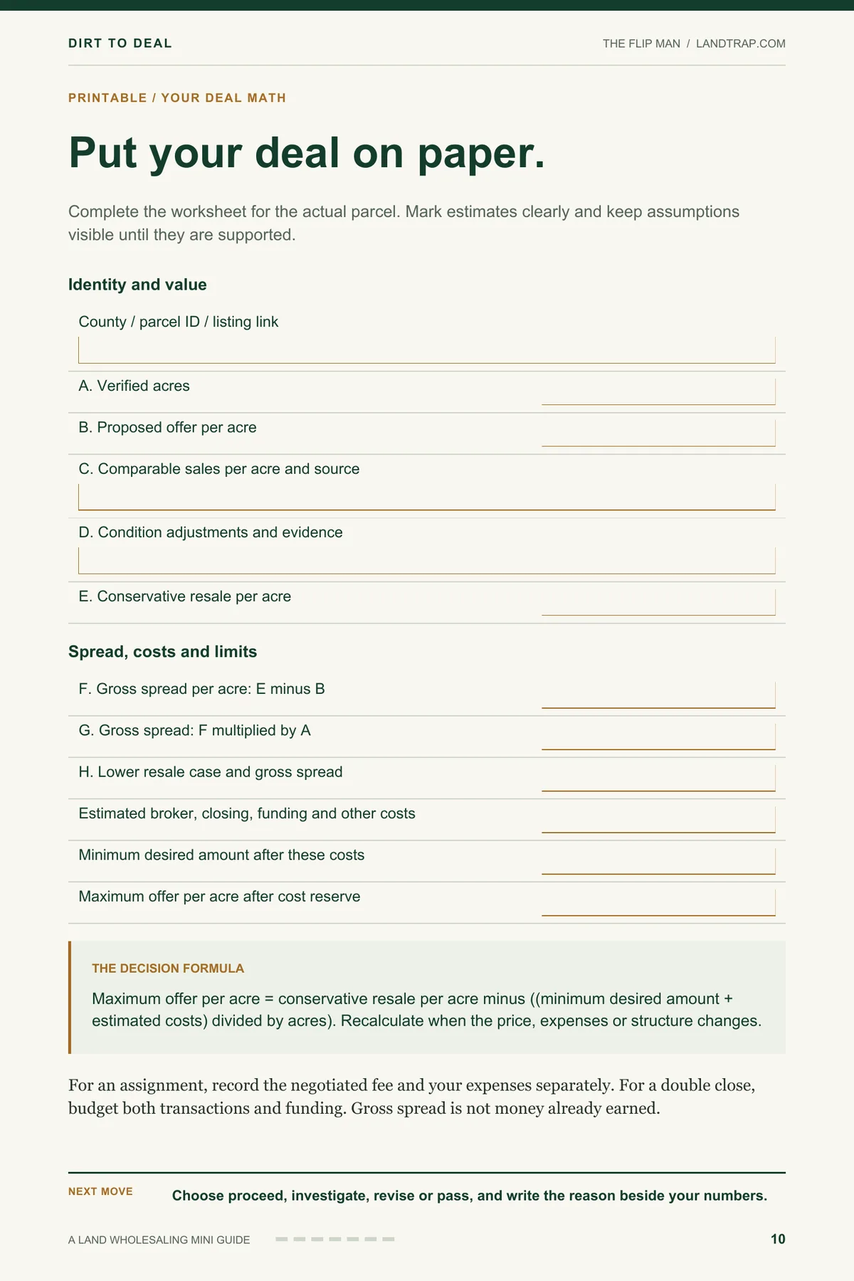 Page 10 of Dirt to Deal: Your Deal Math worksheet